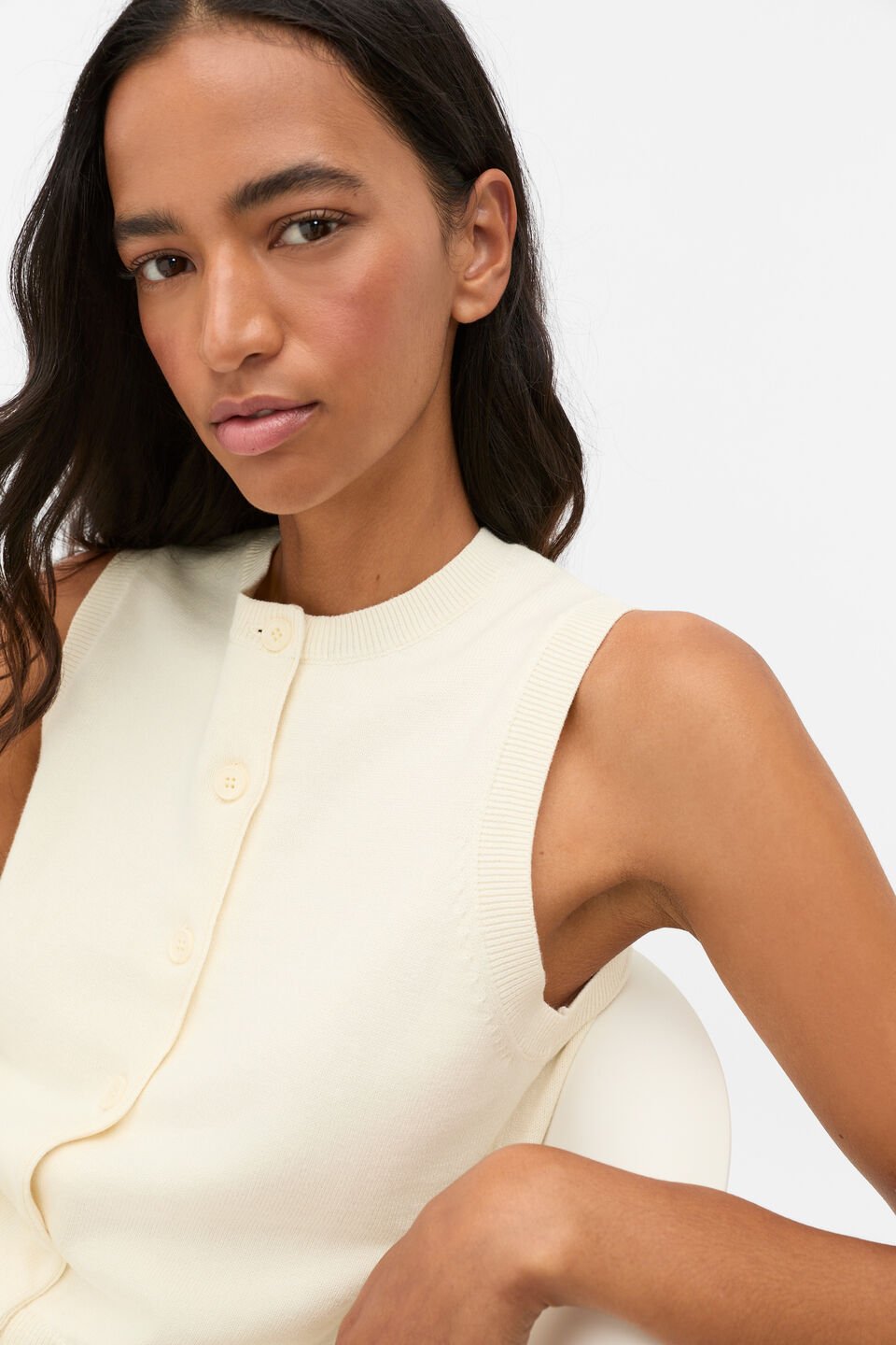 Cotton Blend Button Knit Vest  Coconut Cream