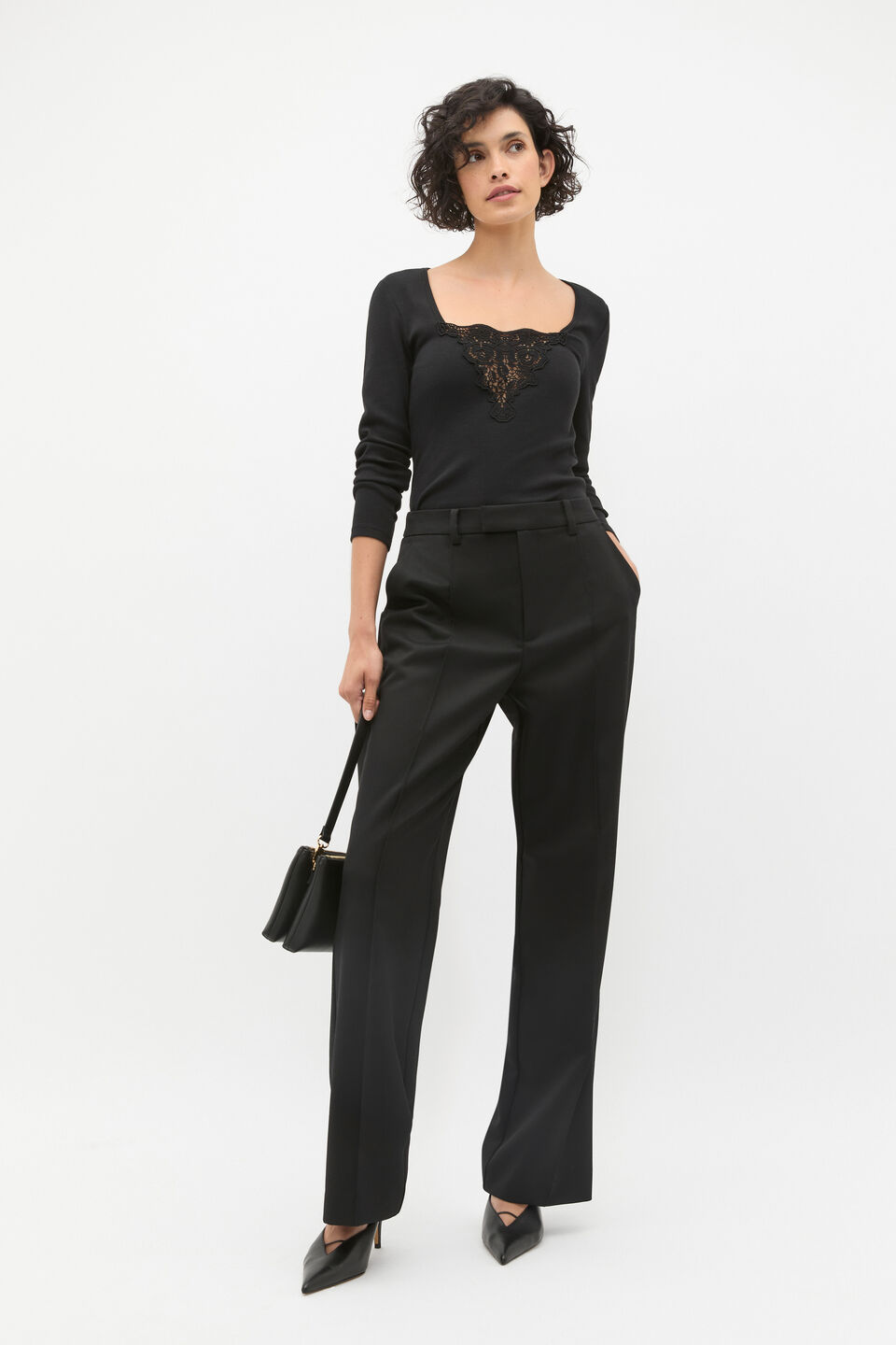 Lace Detail Long Sleeve Top  Black