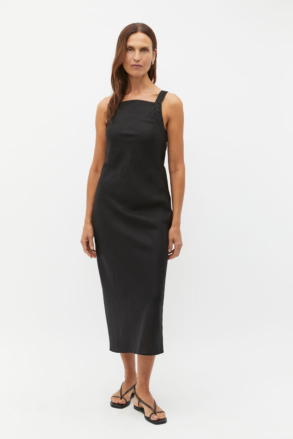 Linen Square Neck Bias Slip Dress  Black  hi-res