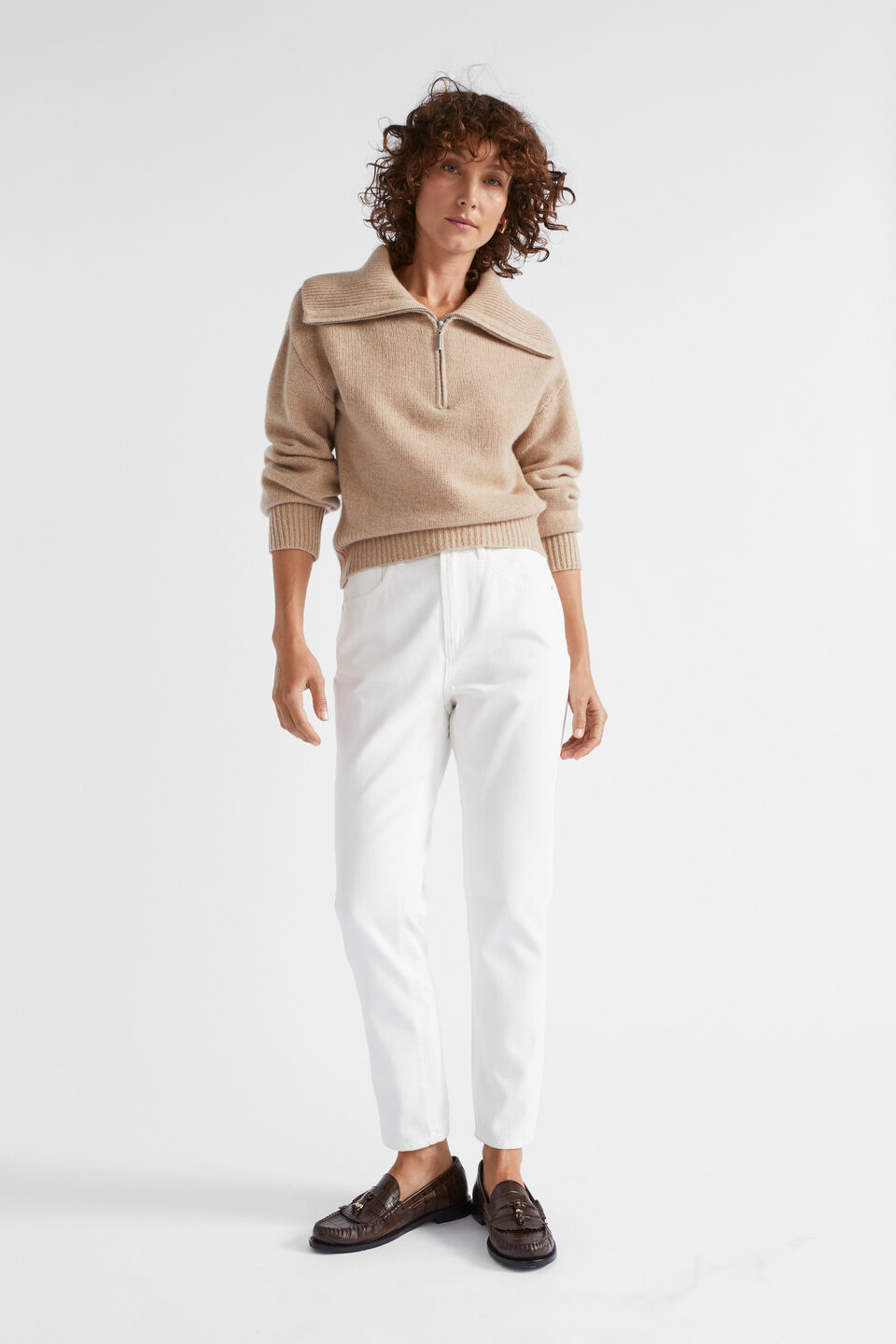 Merino Wool Funnel Neck Knit  Champagne Beige Marle