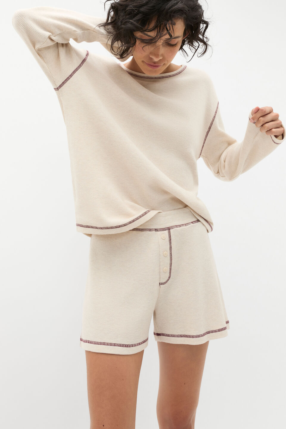 Contrast Long Sleeve and Short PJ Set  Oat Marle
