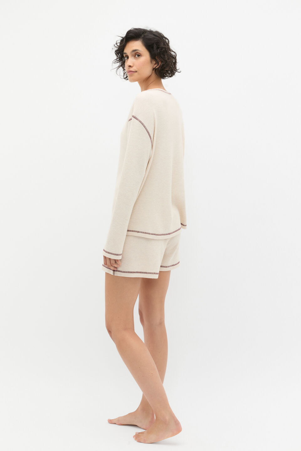 Contrast Long Sleeve and Short PJ Set  Oat Marle