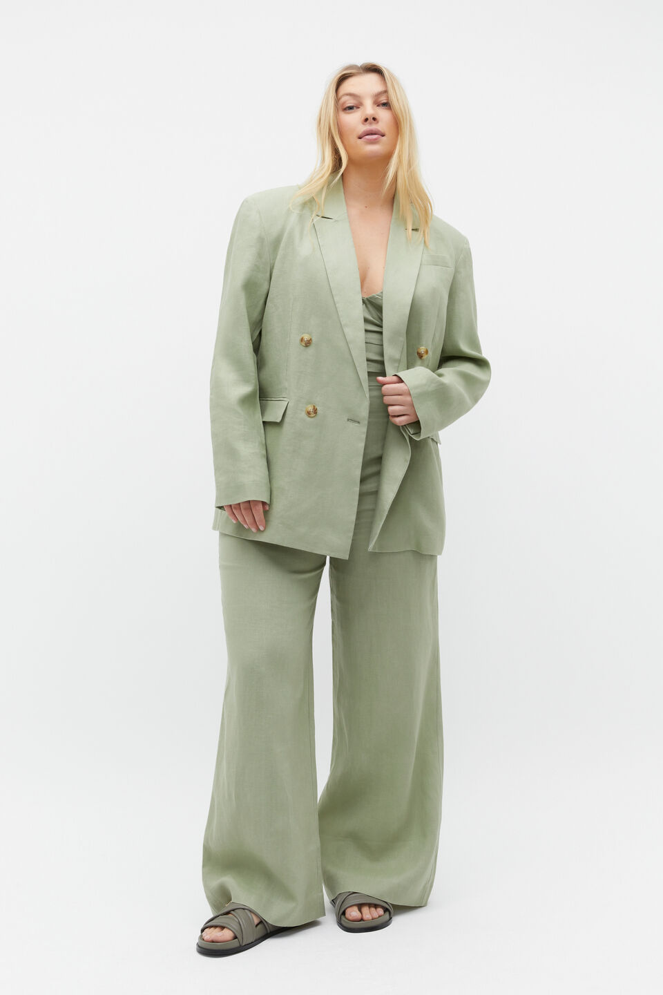 Linen Double Breasted Blazer  Pale Olive
