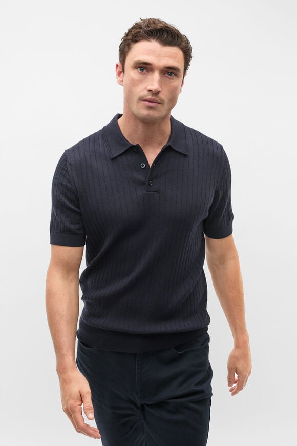 Short Sleeve Merino Knit Polo  Midnight Blue  hi-res