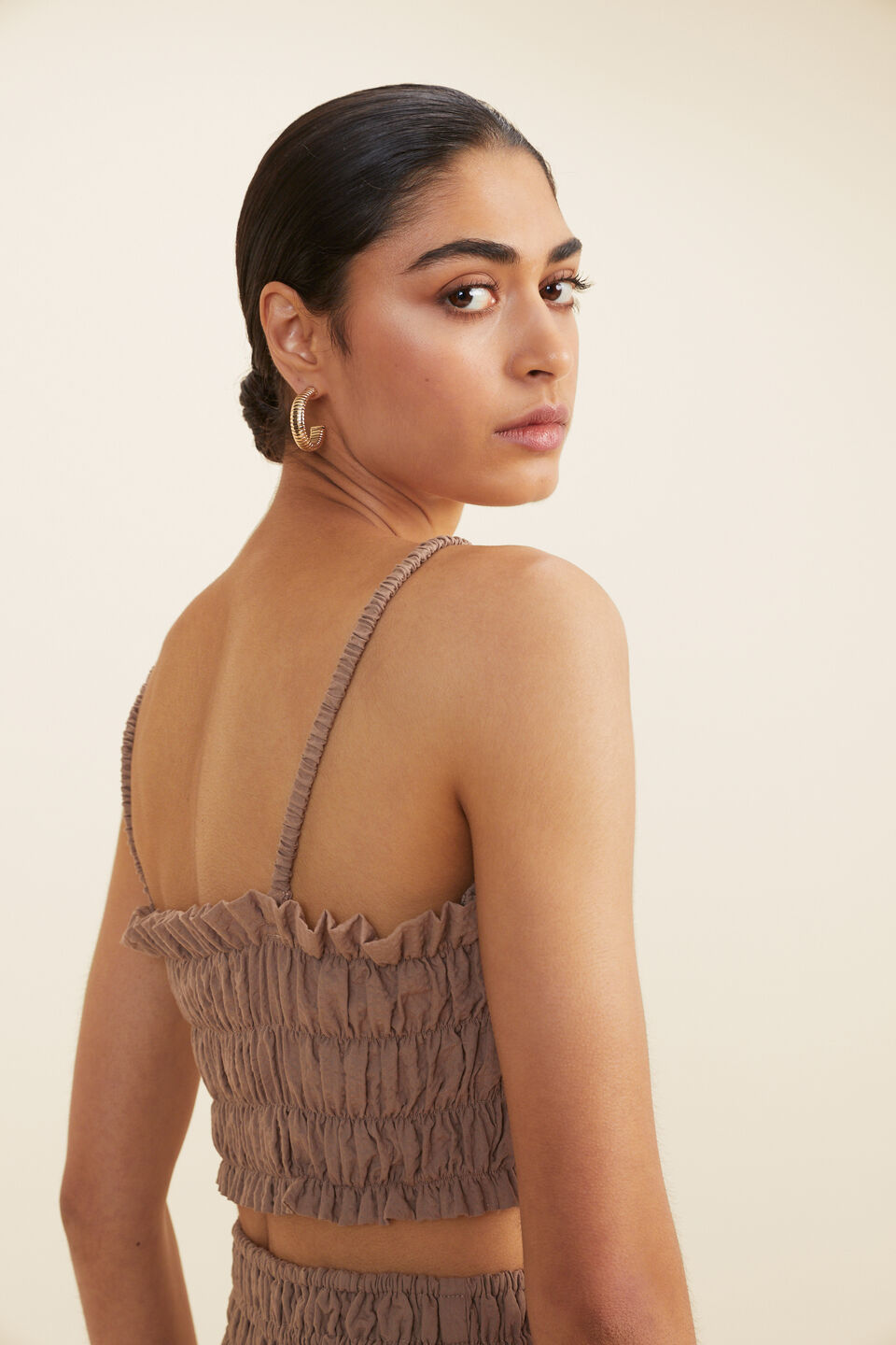 Self Stripe Ruched Top  Mocha Brown