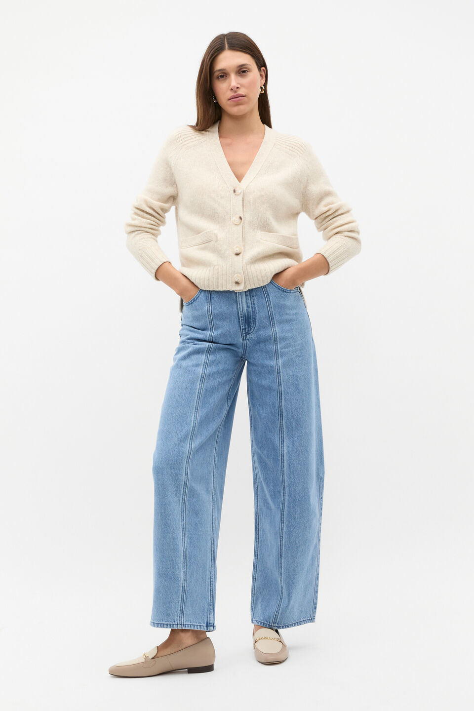 Merino Wool V Neck Pocket Cardigan  Oat Marle