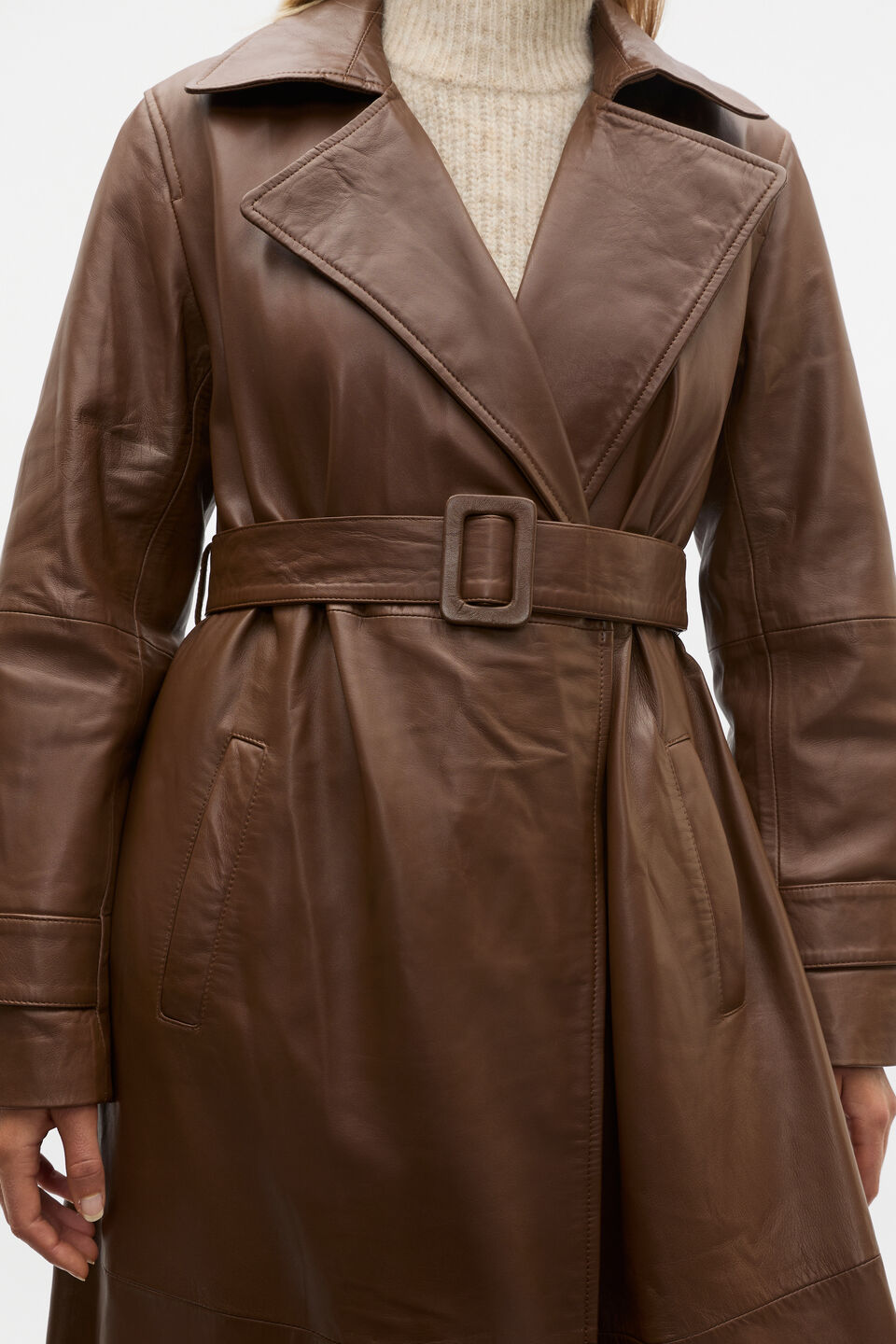 Leather Belted Trench Coat  Maple
