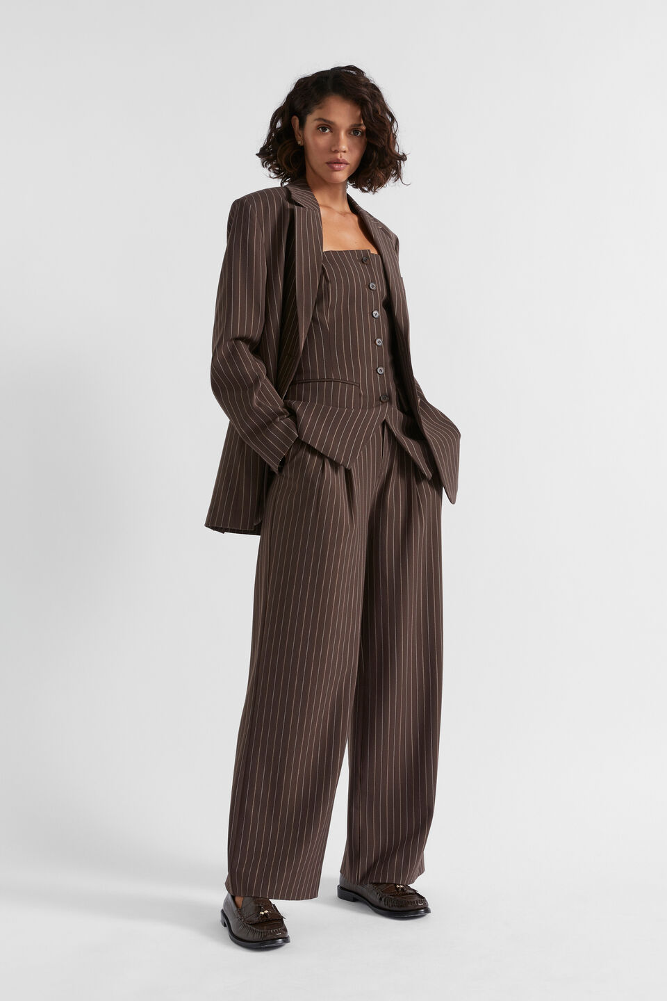 Tailored Longline Bodice  Dark Espresso Pinstripe