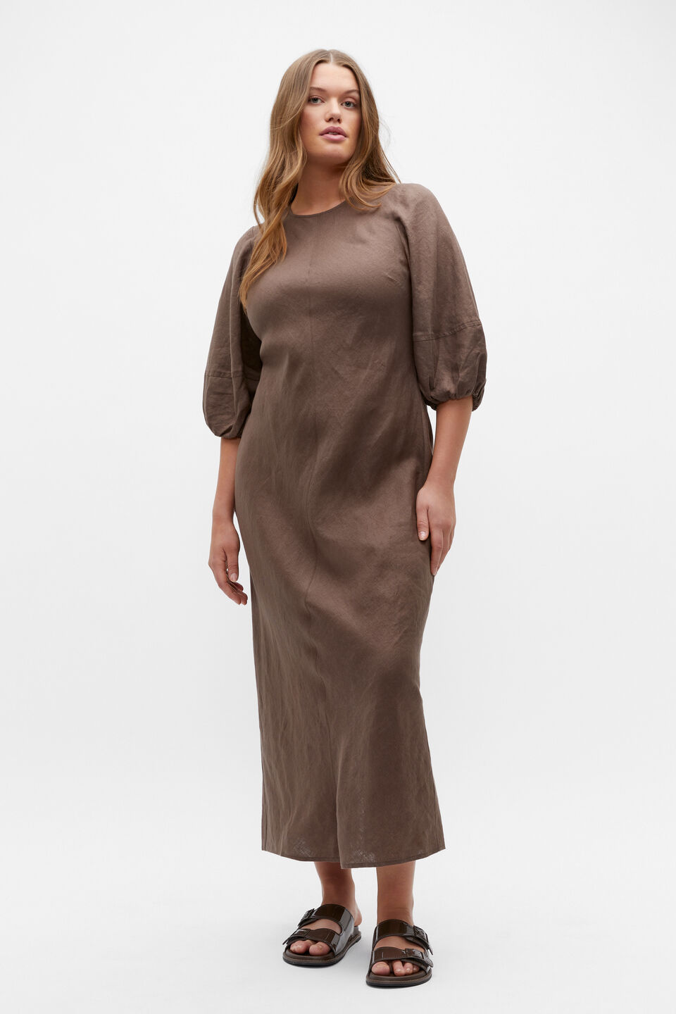 Linen Balloon Sleeve Slip Maxi Dress  Affogato