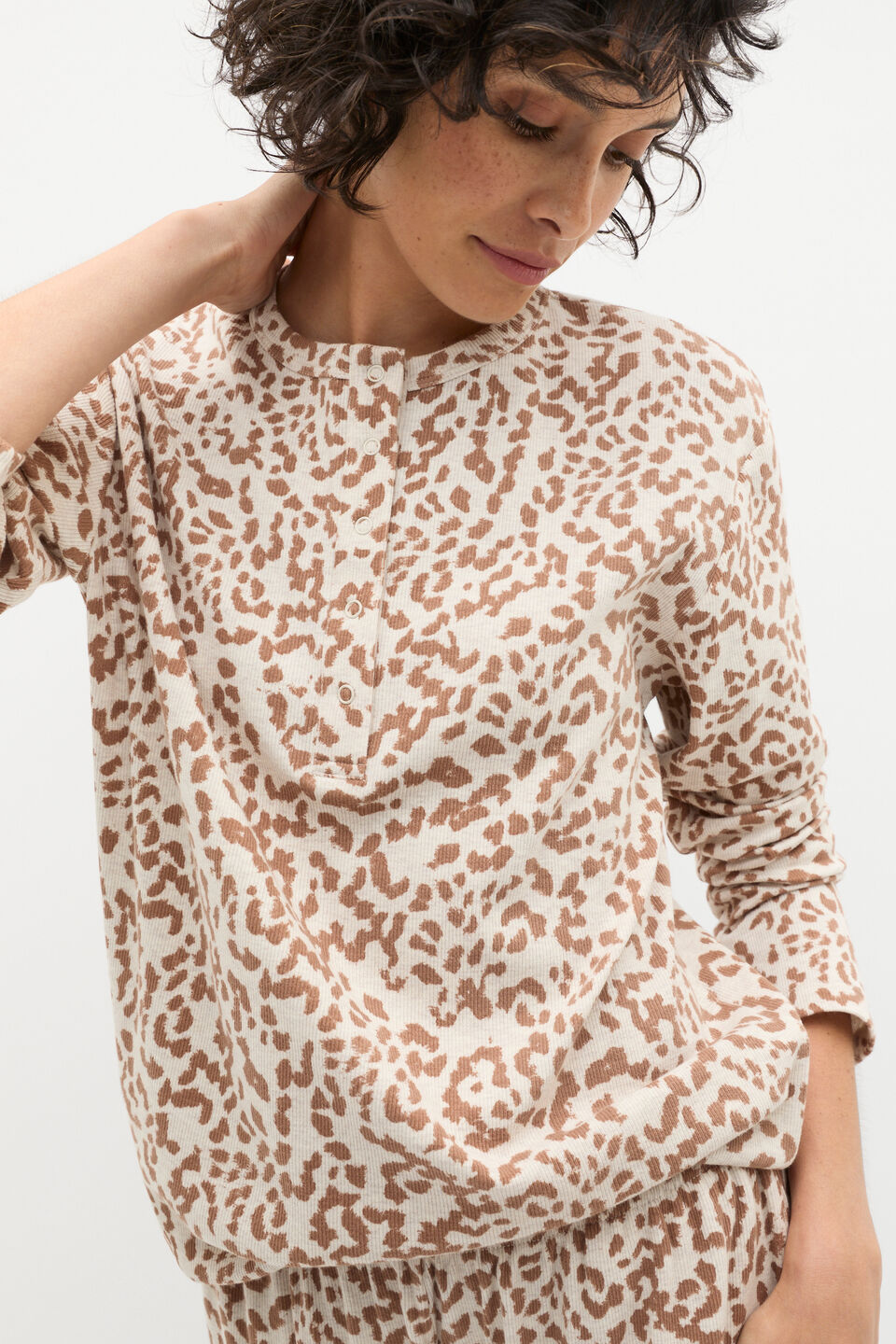 Henley Rib Long Sleeve And Pant Set  Animal Print