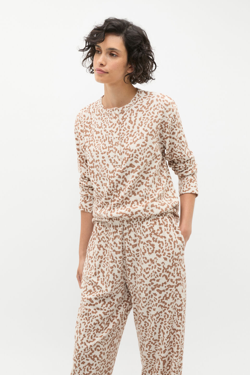 Henley Rib Long Sleeve And Pant Set  Animal Print