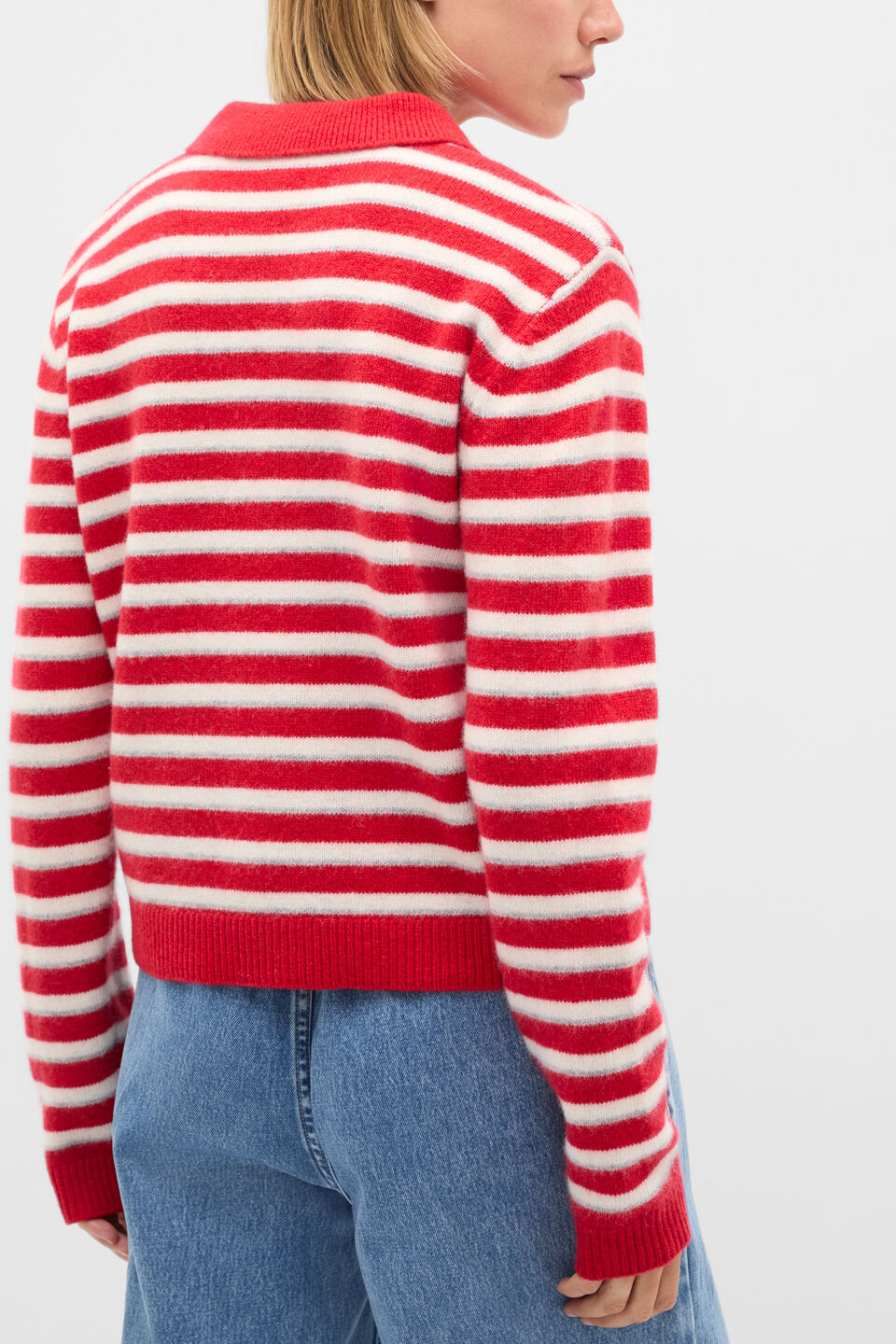 Brushed Merino Stripe Polo Knit  Poppy Stripe