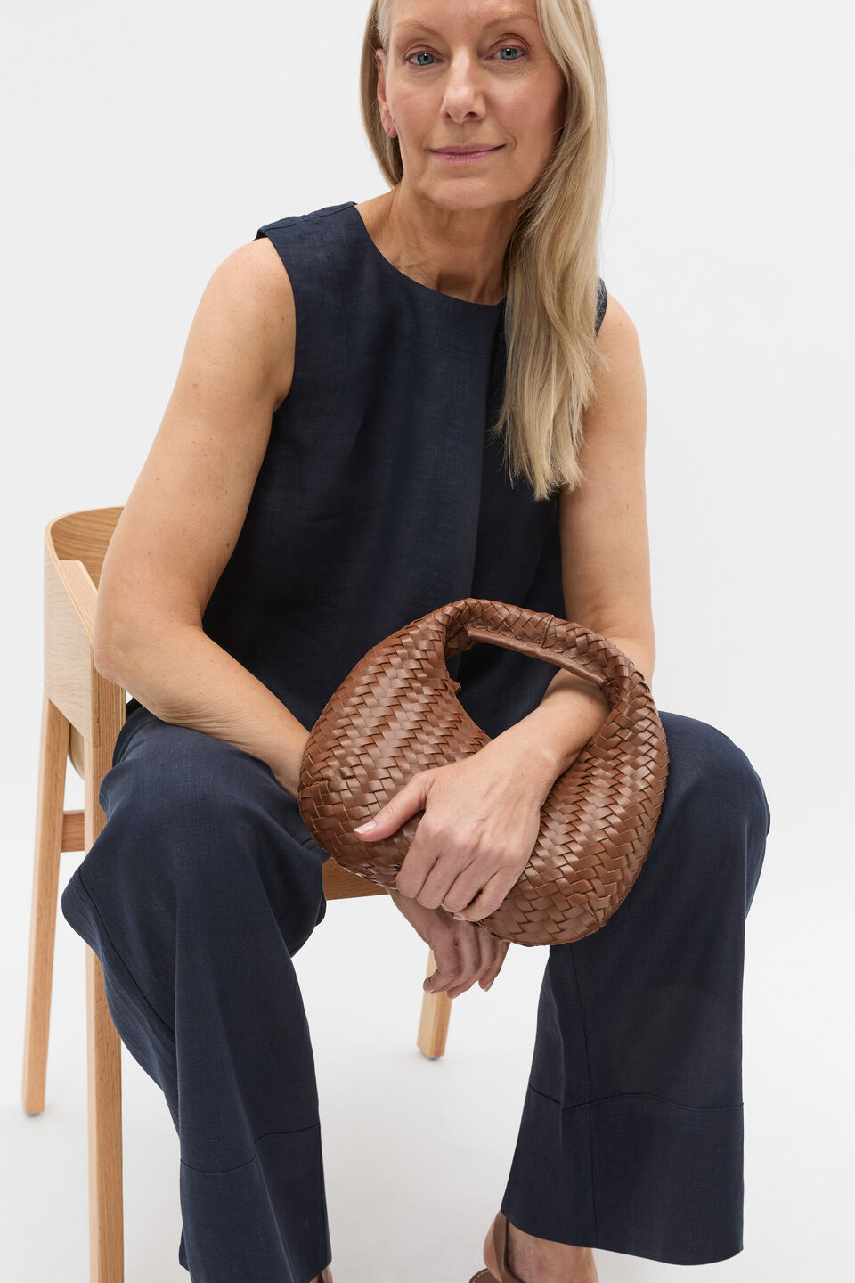 Leather Woven Handbag  Deep Tan