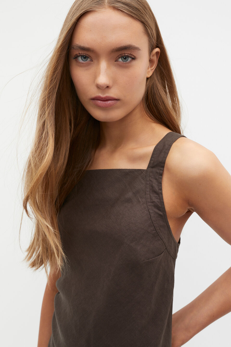 Linen Square Neck Bias Slip Dress  Dark Espresso