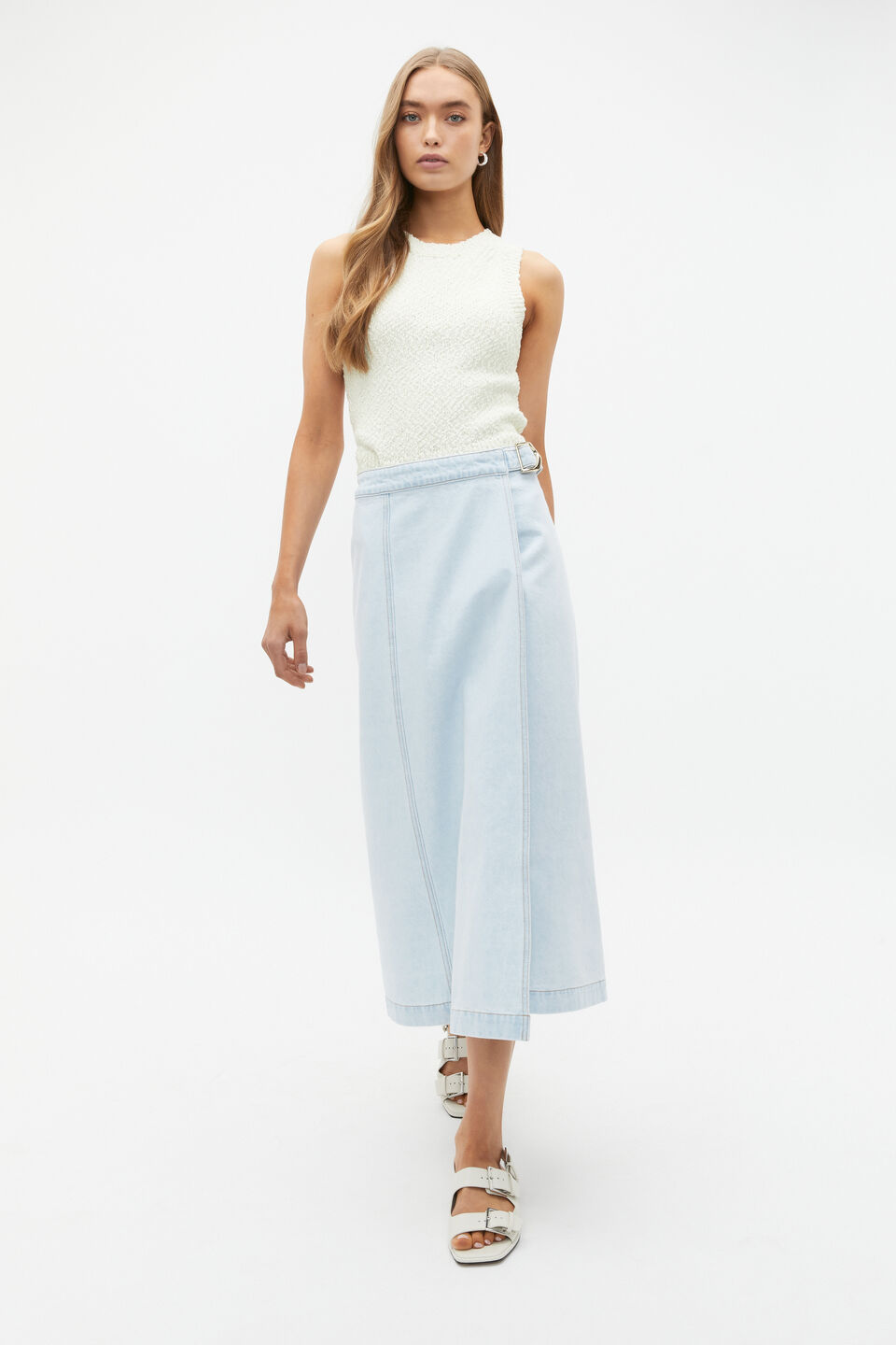 Denim Wrap Front Buckle Skirt  Stone Blue Wash