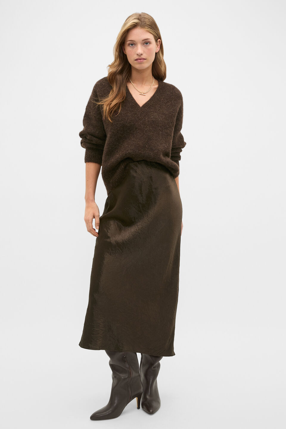  Lofty V Neck Slouch Knit  Coffee Bean