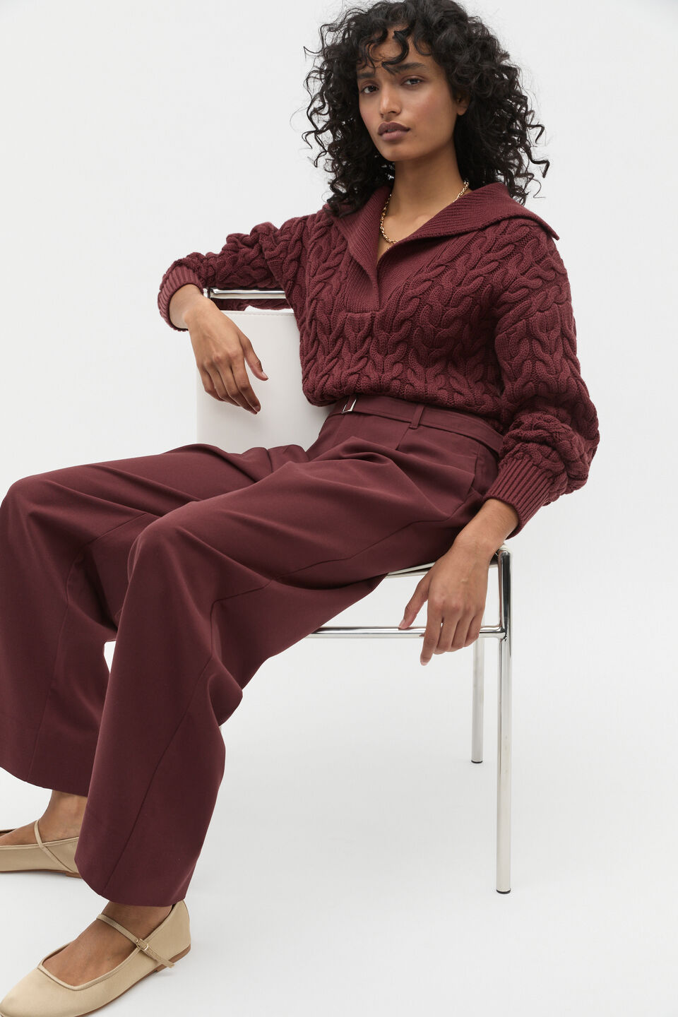 Easy Cable Knit Polo  Merlot