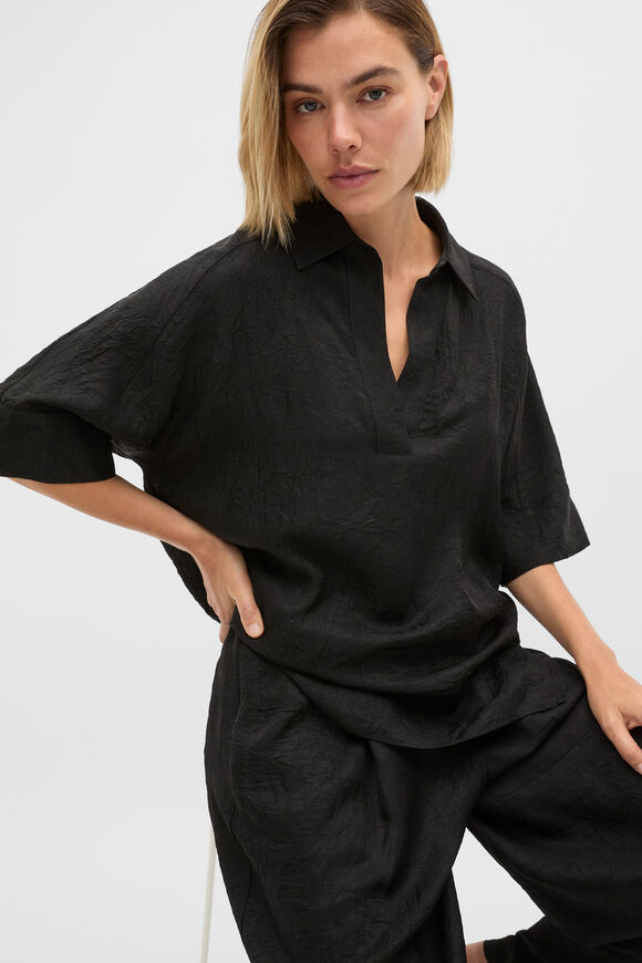 Textured Satin Collared Popover  Black  hi-res