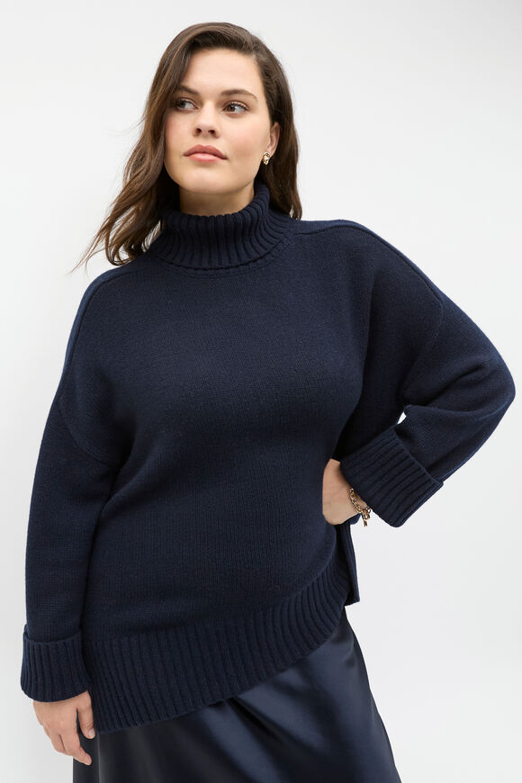 Merino Wool Roll Neck Side Split Knit  Twilight Blue  hi-res