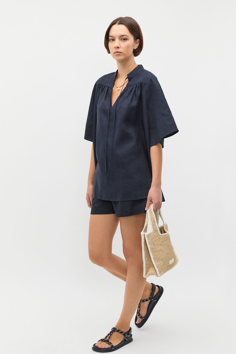 Linen Tie Detail Blouse  Twilight Blue