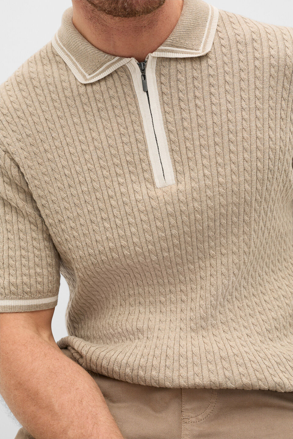 Zipped Cable Knit Polo  Dark Stone