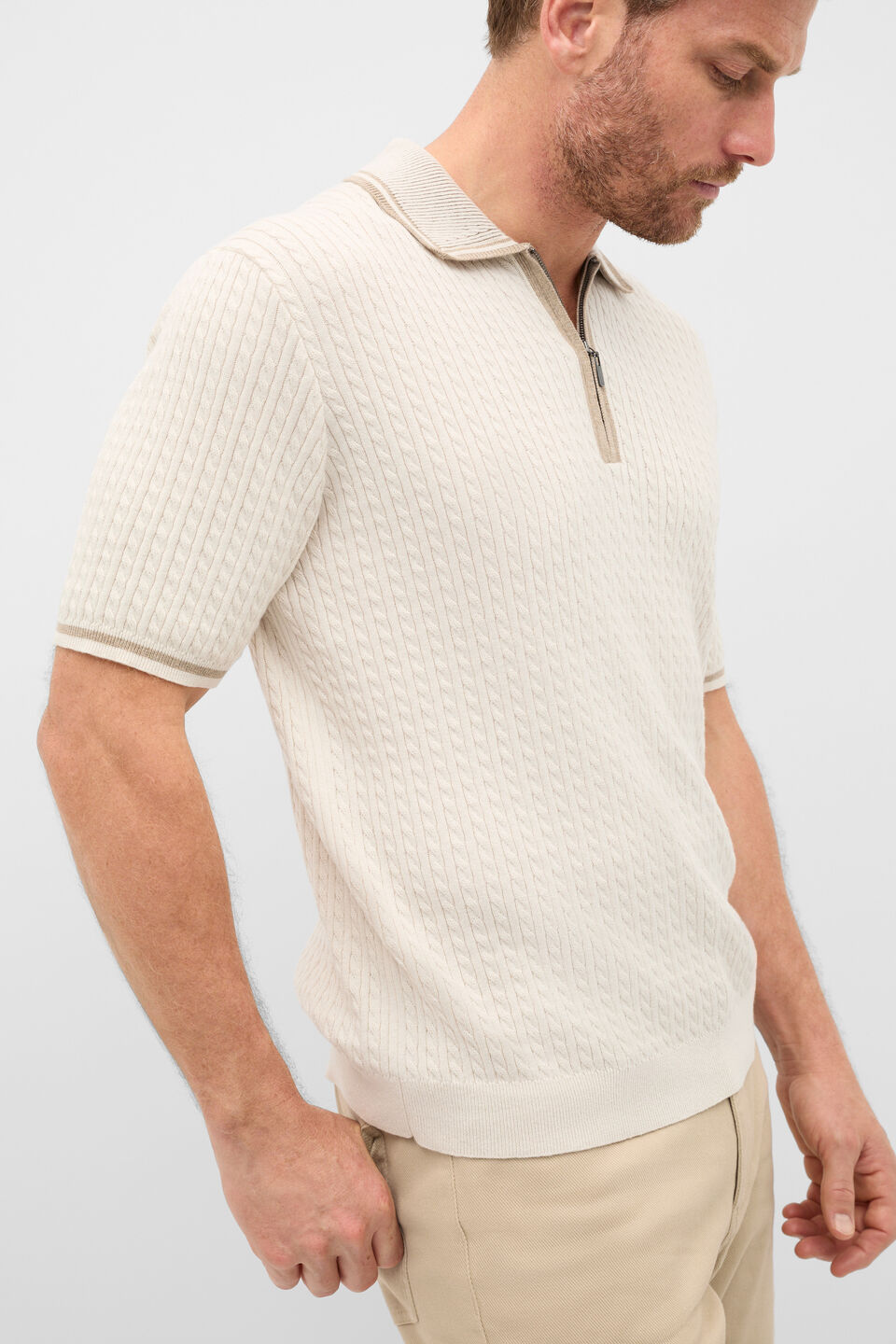 Zipped Cable Knit Polo  Pebble