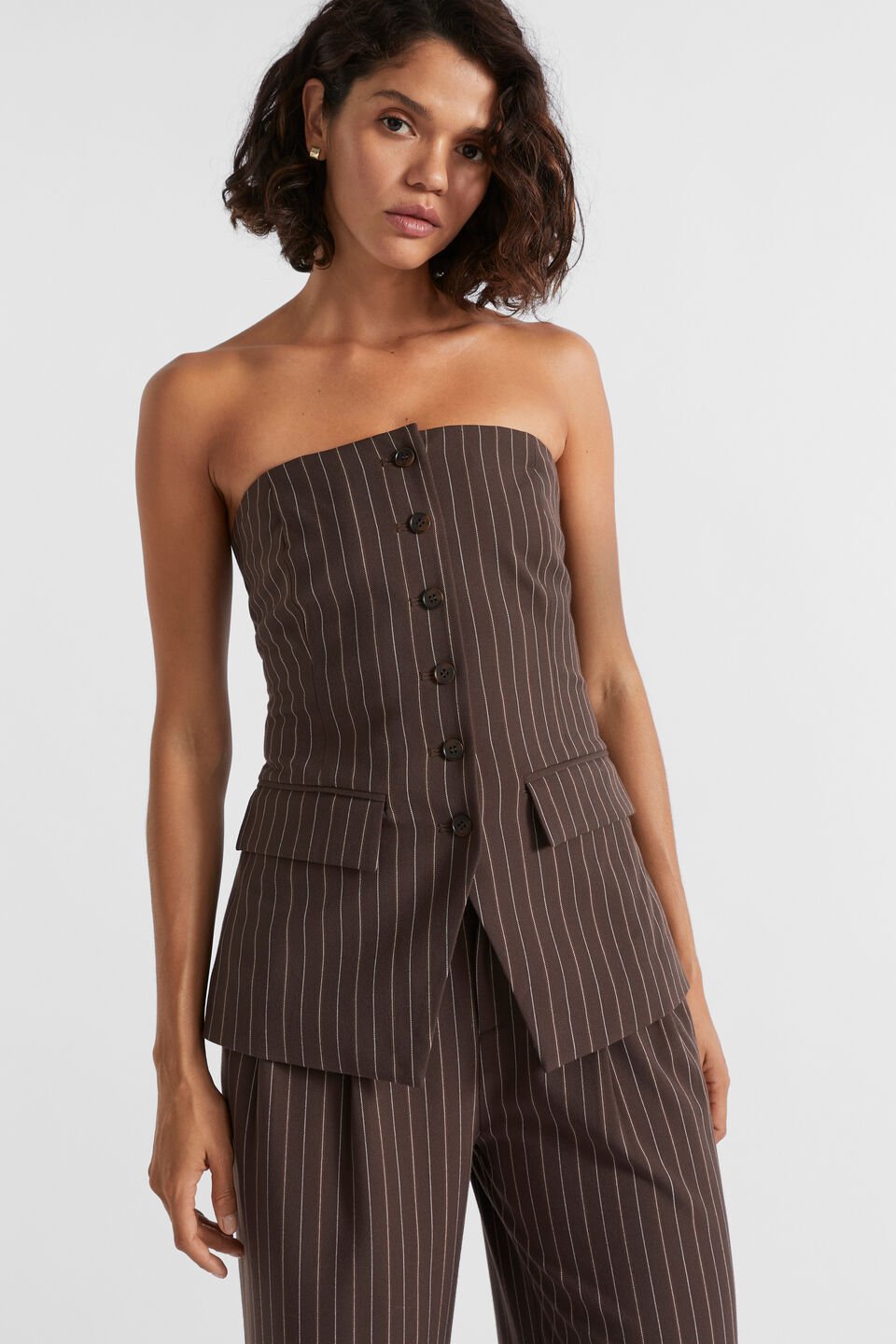 Tailored Longline Bodice  Dark Espresso Pinstripe