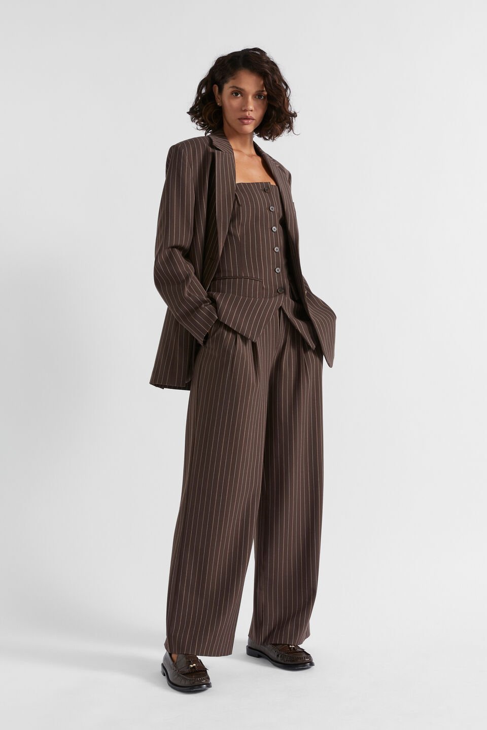 Tailored Longline Bodice  Dark Espresso Pinstripe