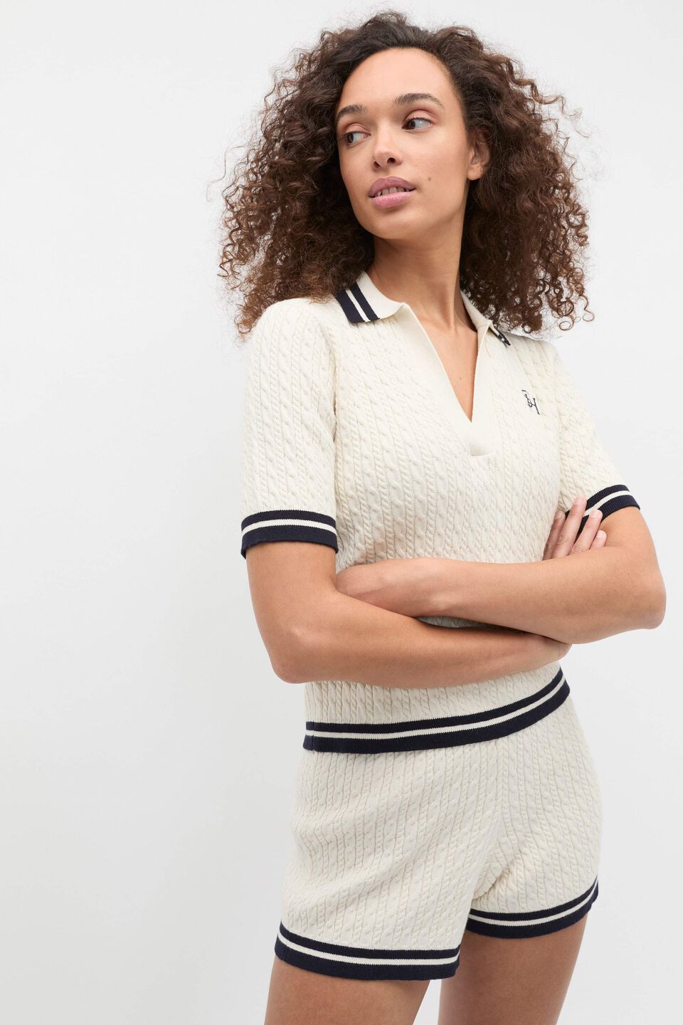 Cable Knit Polo  Coconut Cream