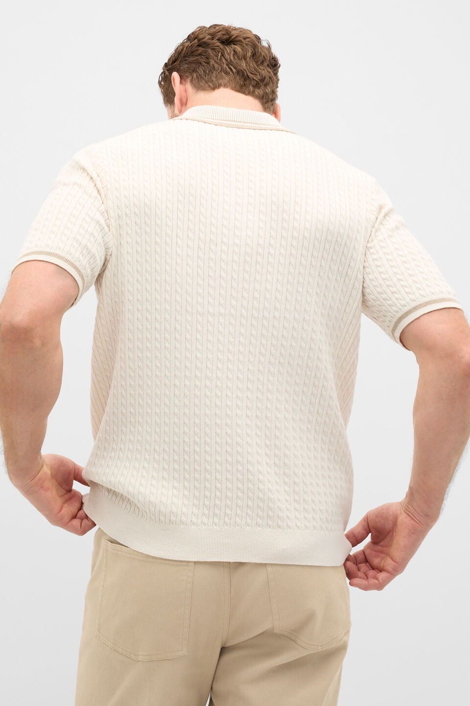 Zipped Cable Knit Polo  Pebble