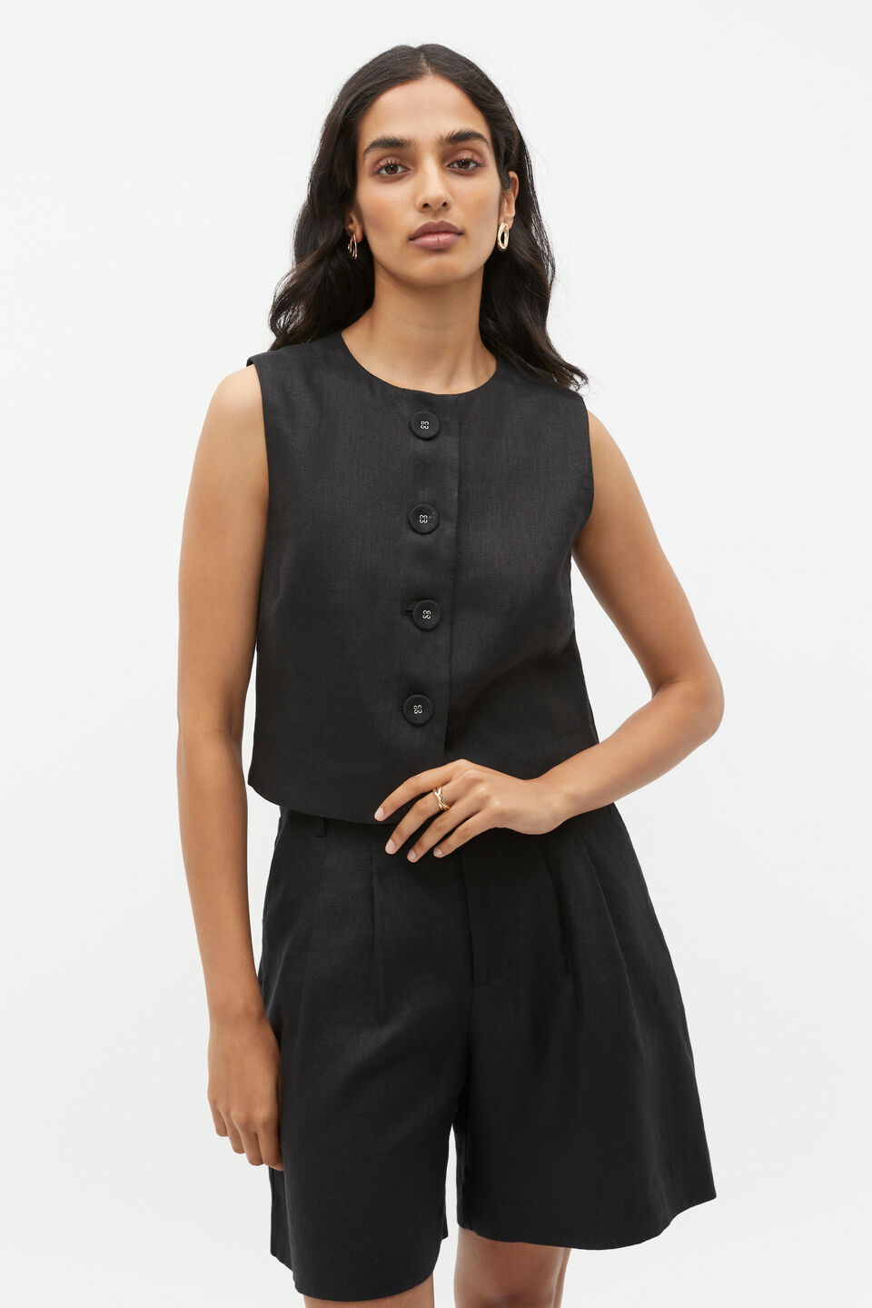 Linen Button Down Shell Top  Black