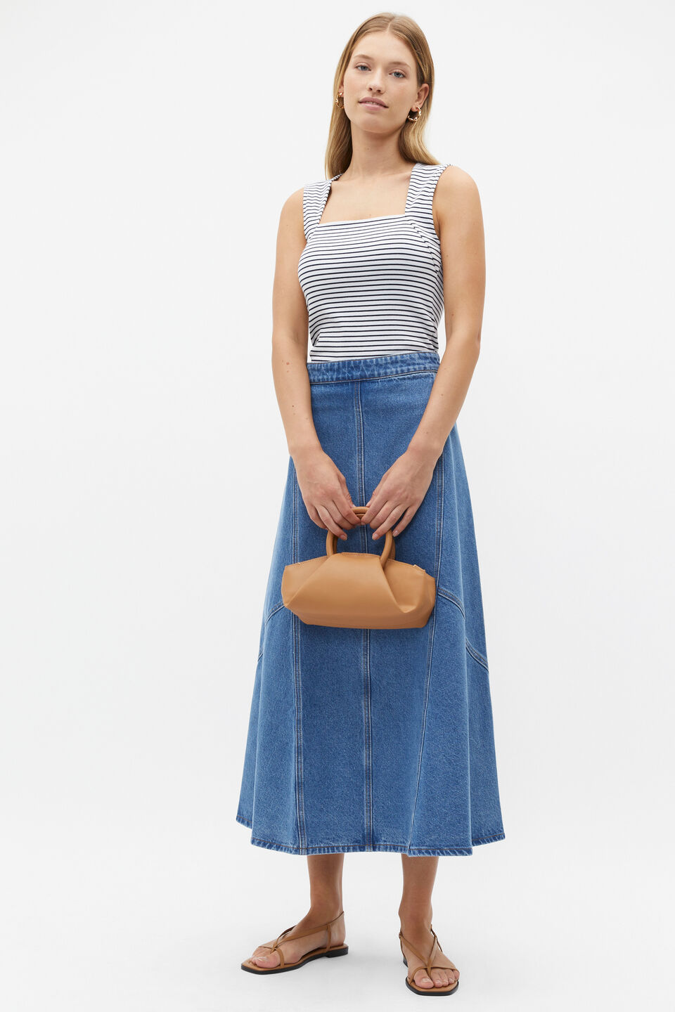Denim Flare Midi Panel Skirt  Sea Blue Wash