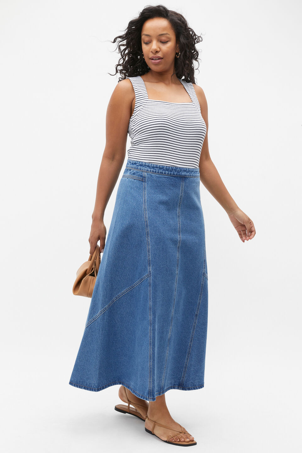 Denim Flare Midi Panel Skirt  Sea Blue Wash