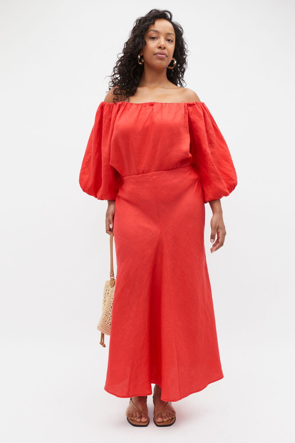 Linen Panel Insert Midi Skirt  Strawberry Red