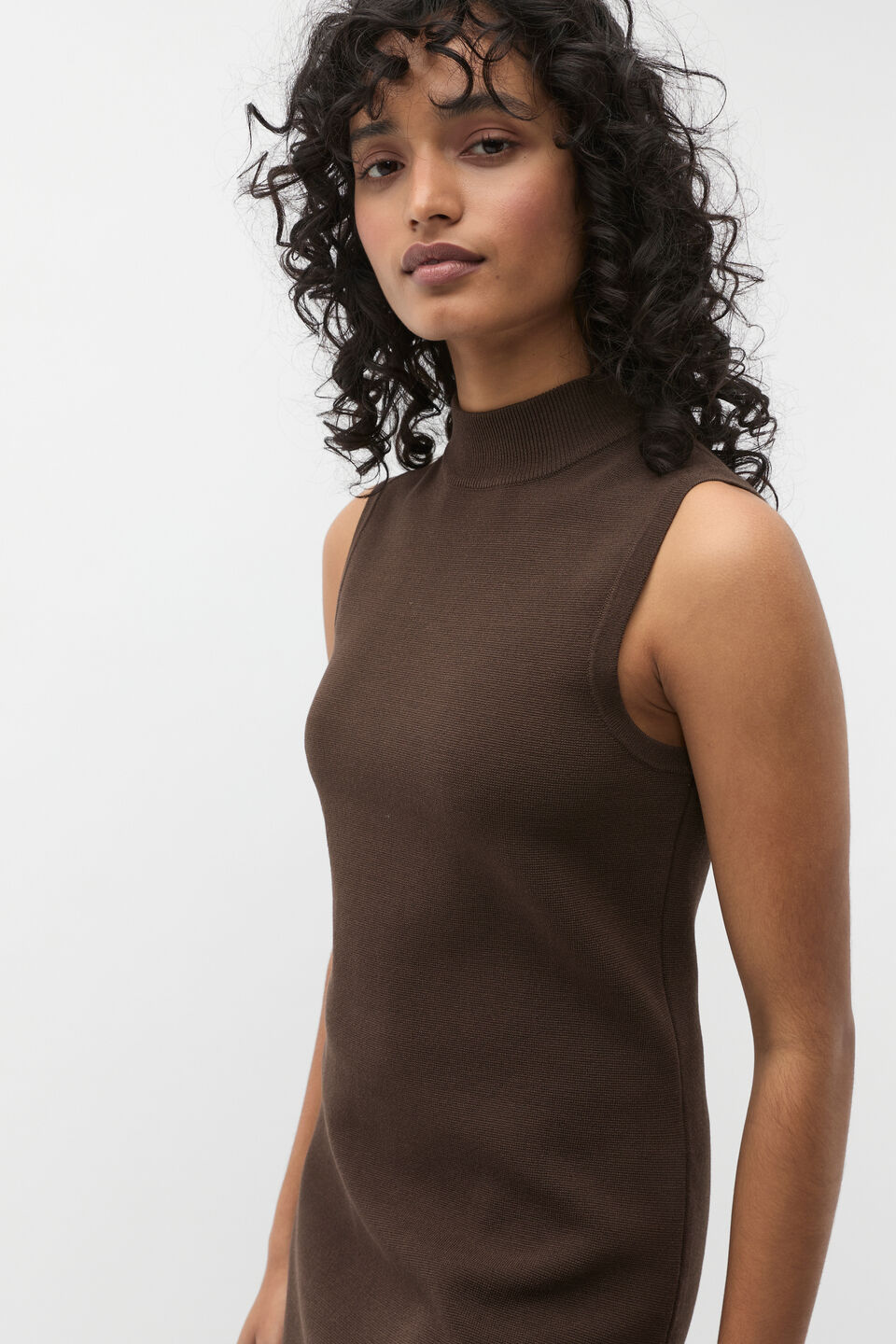 Crepe Knit Mock Neck Mini Dress  Dark Espresso