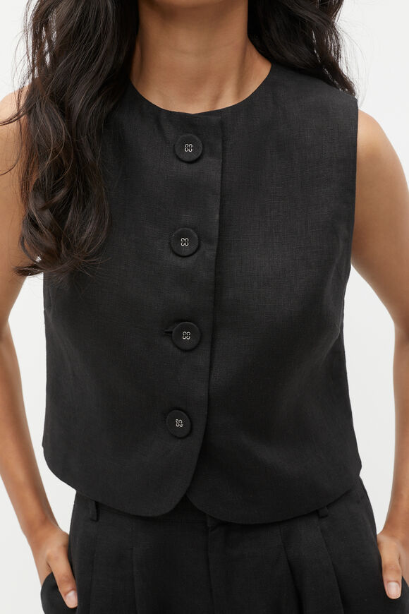 Linen Button Down Shell Top  Black  hi-res