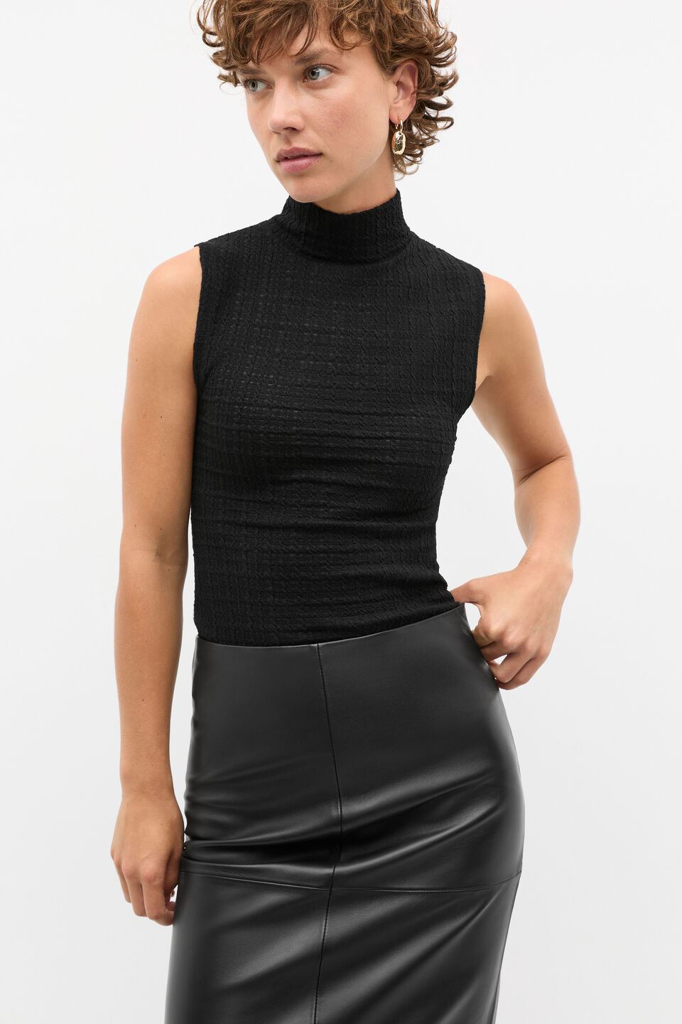 Textured Mock Neck Tank  Black