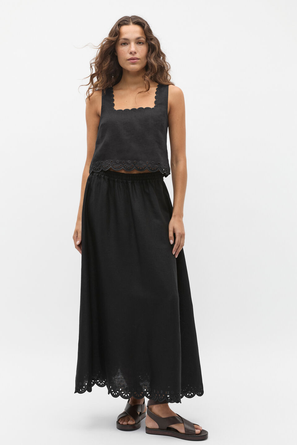 Scallop Broderie Shell Top  Black