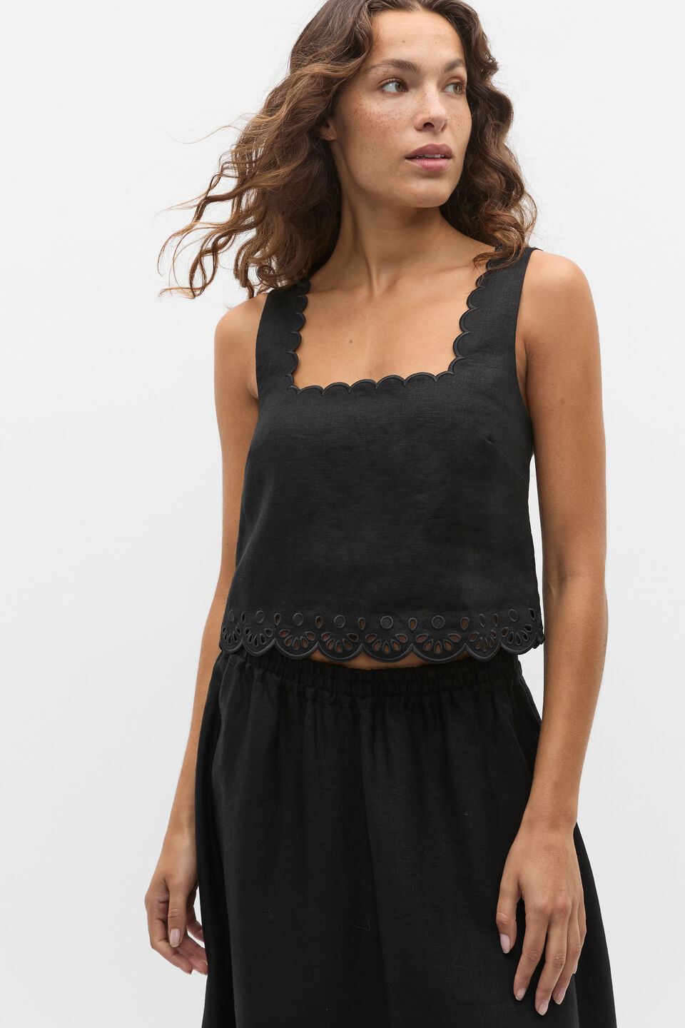 Scallop Broderie Shell Top  Black