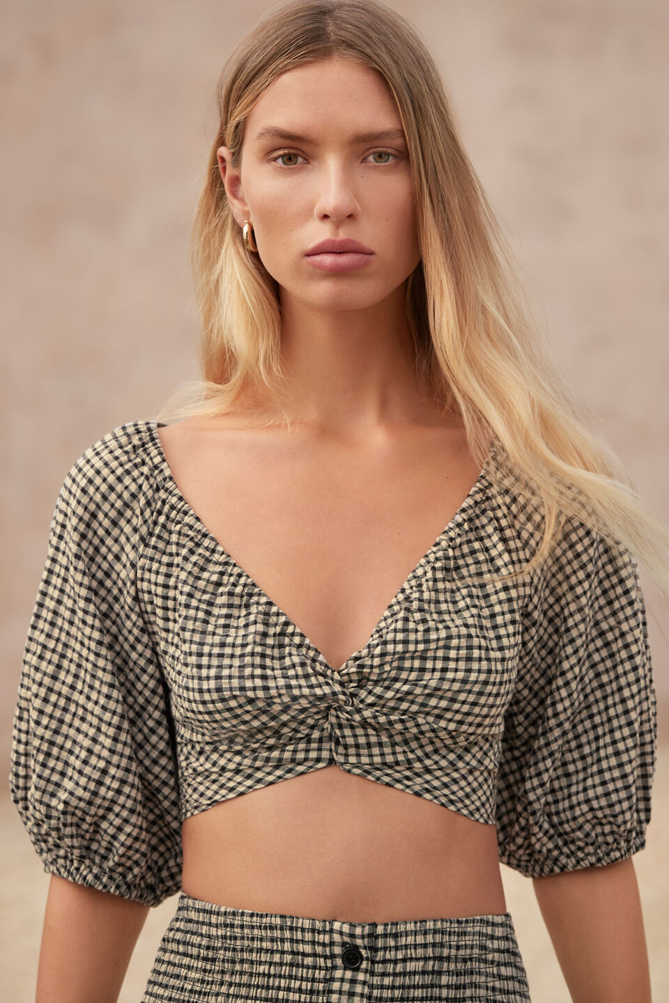 Gingham Twist Front Crop Top  Neutral Gingham