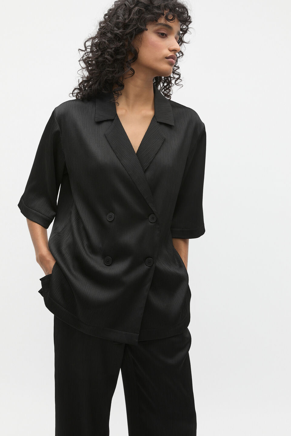 Plisse Short Sleeve Shirt  Black