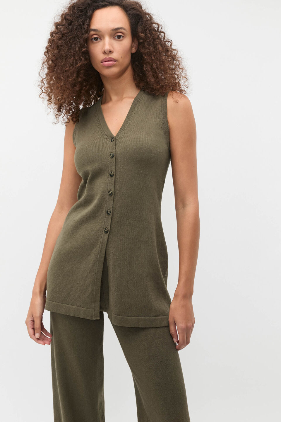 V Neck Button Through Knit Vest  Olive Leaf