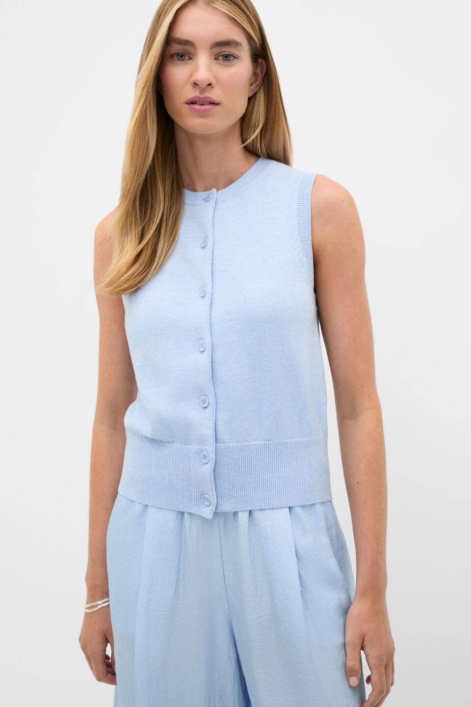 Cotton Blend Button Knit Vest  Arctic Blue Marle