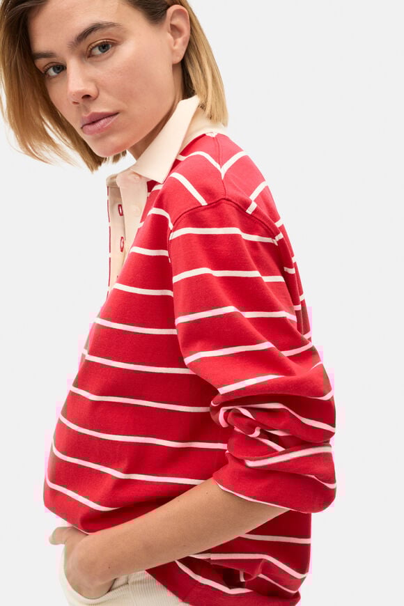 Relaxed Cotton Rugby Polo Top  Poppy Stripe  hi-res