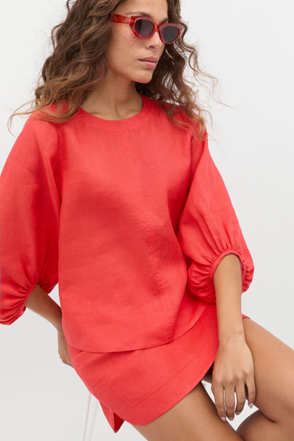 Core Linen Balloon Sleeve Top  Electric Crimson