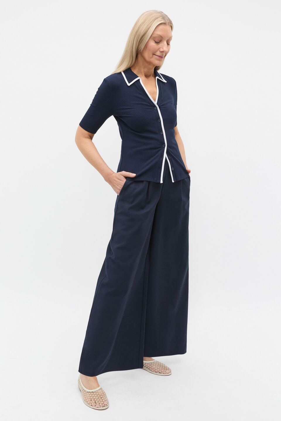 Rib Contrast Button Down Top  Twilight Blue