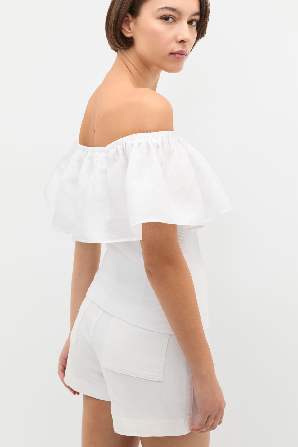 Off Shoulder Ruffle Top  Whisper White