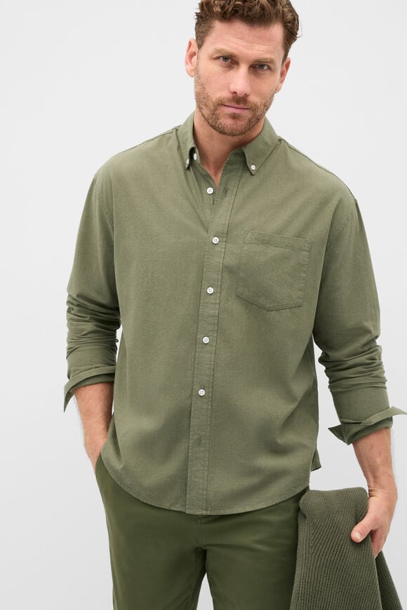 Relaxed Fit Brushed Cotton Shirt  Olive  hi-res