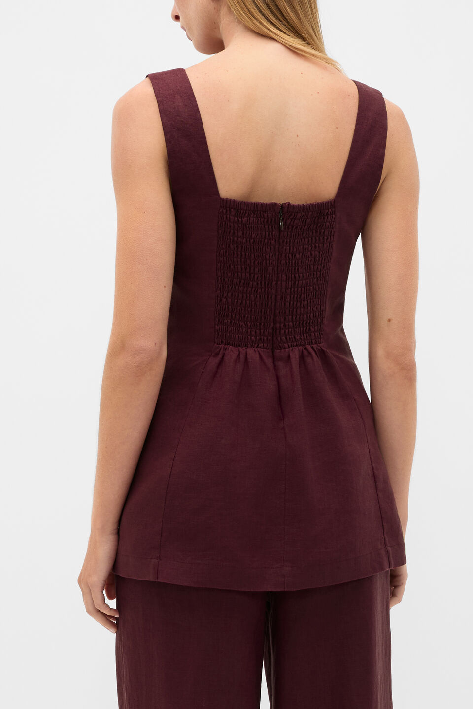 Linen Longline Waisted Top  Plum Red