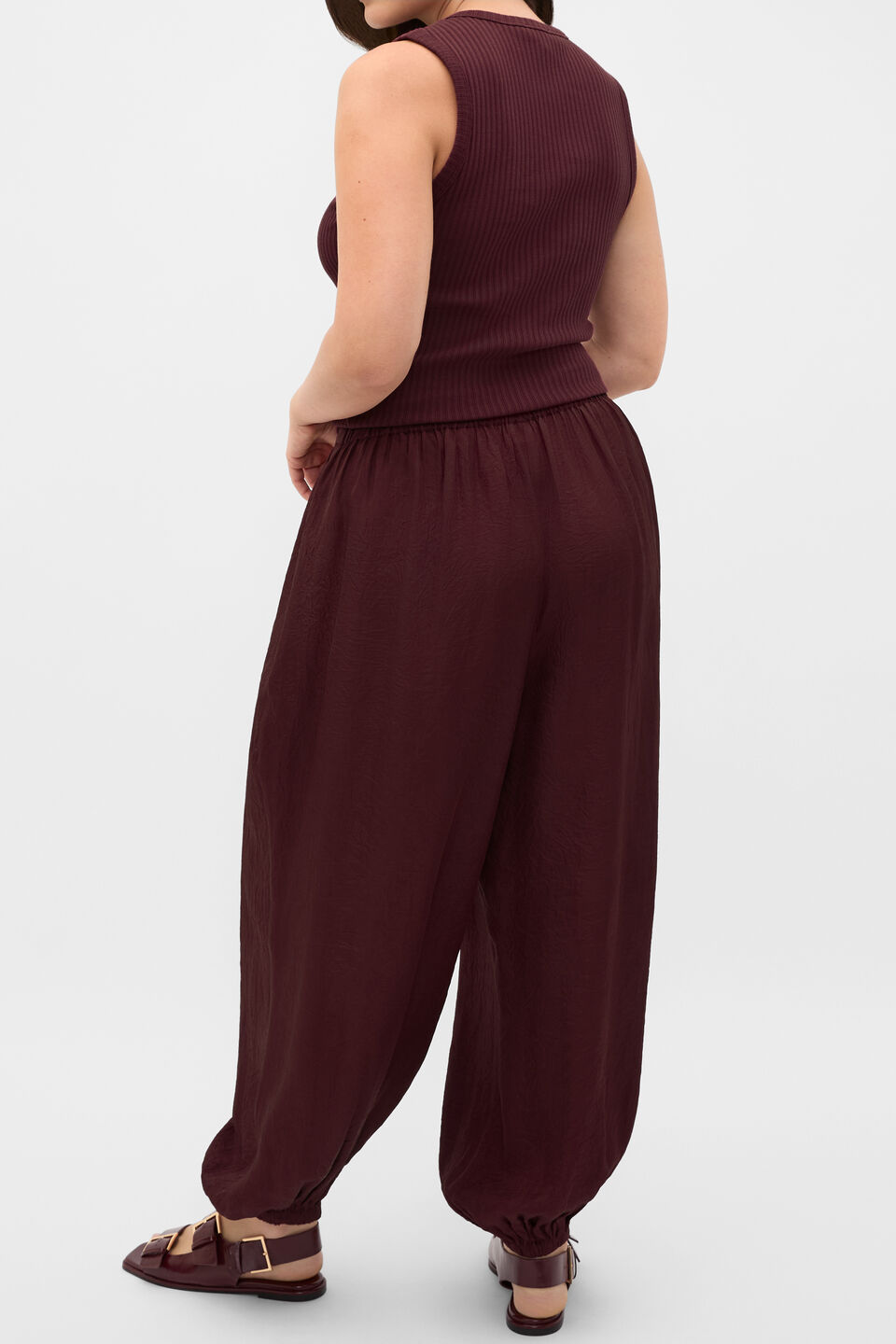 Textured Satin Harem Pant  Plum Red